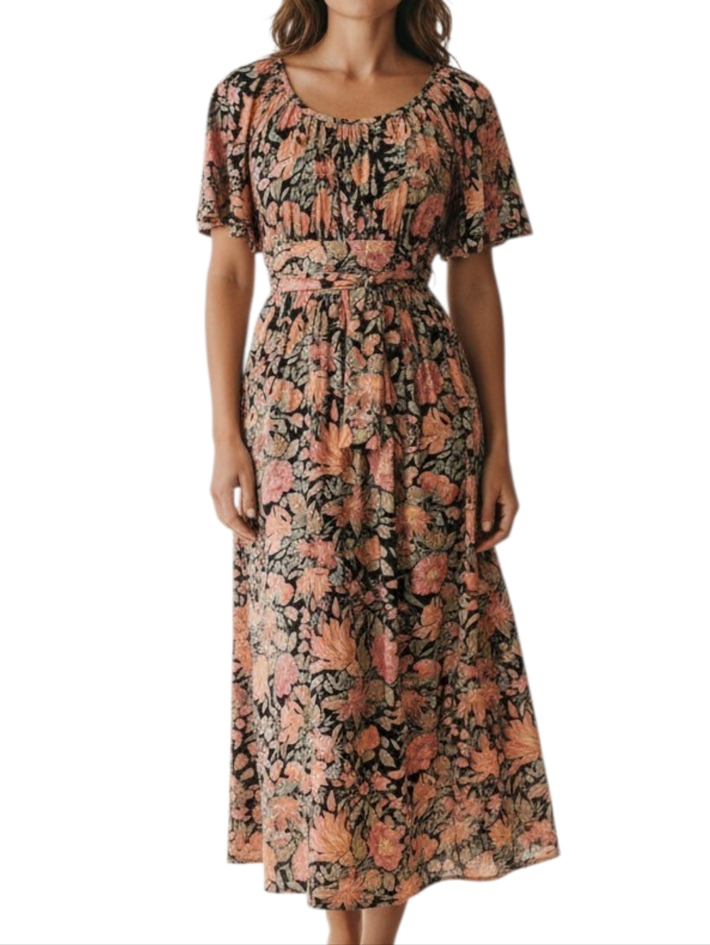 Vintage 80s Ethereal Floral Flutter Sleeve Maxi Dress sz M Women's Cottagecore